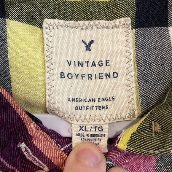 American Eagle Women’s Button Front Extra Large Purple Plaid Vintage Boyfriend - Picture 9 of 14